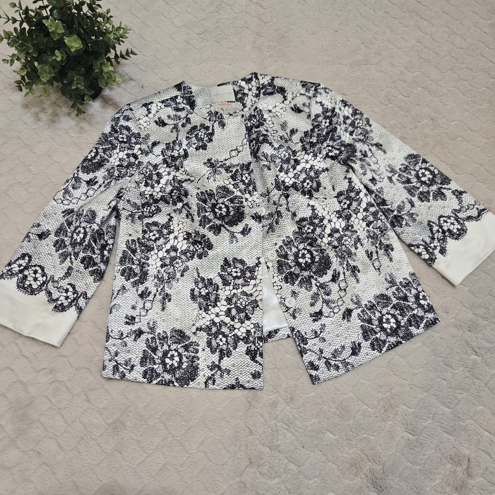 The Limited Scandal Collection Black & White Floral Lace Print Satin Blazer, M